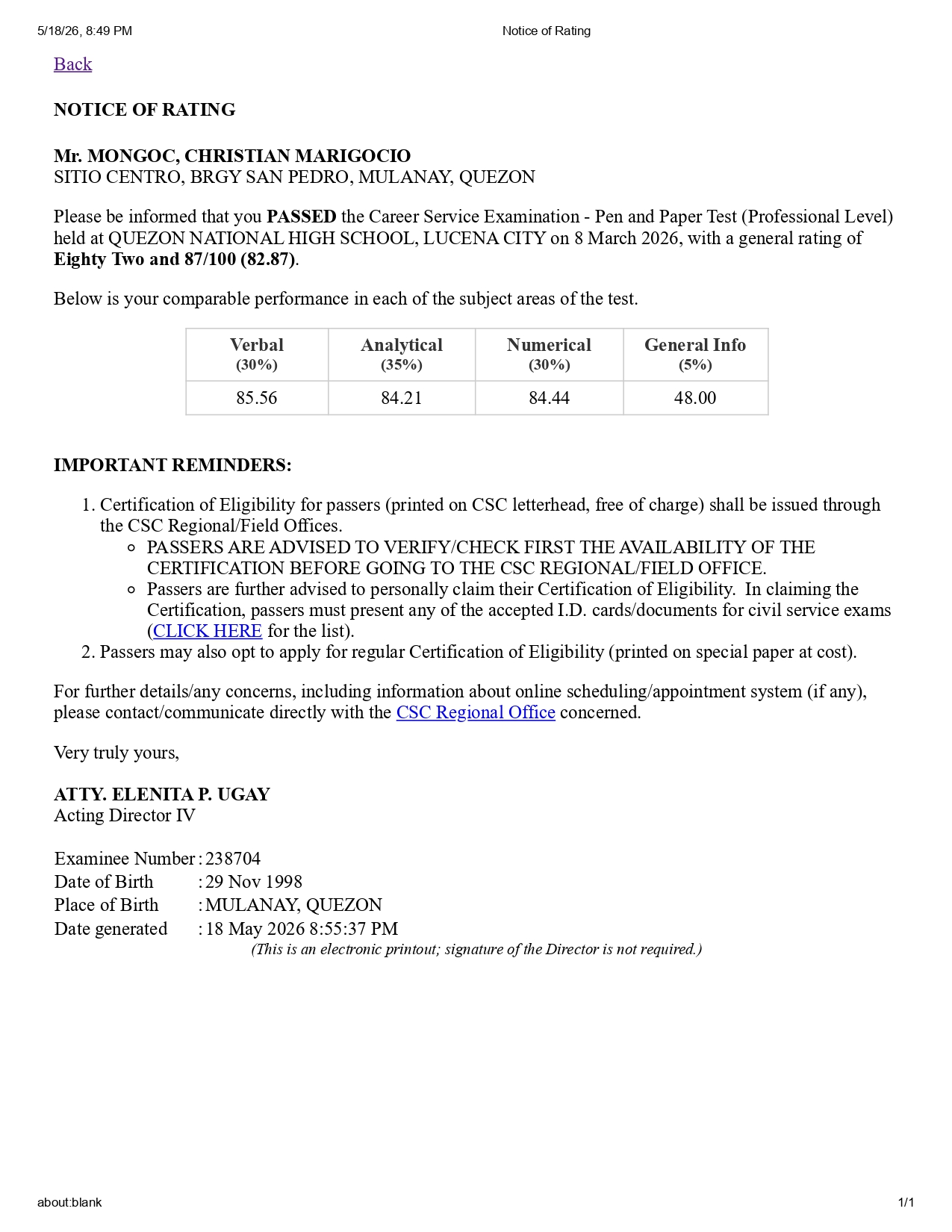 Christian Mongoc CSE Rating