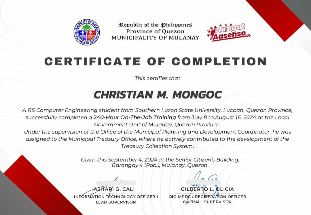Christian Mongoc OJT  Certificate
